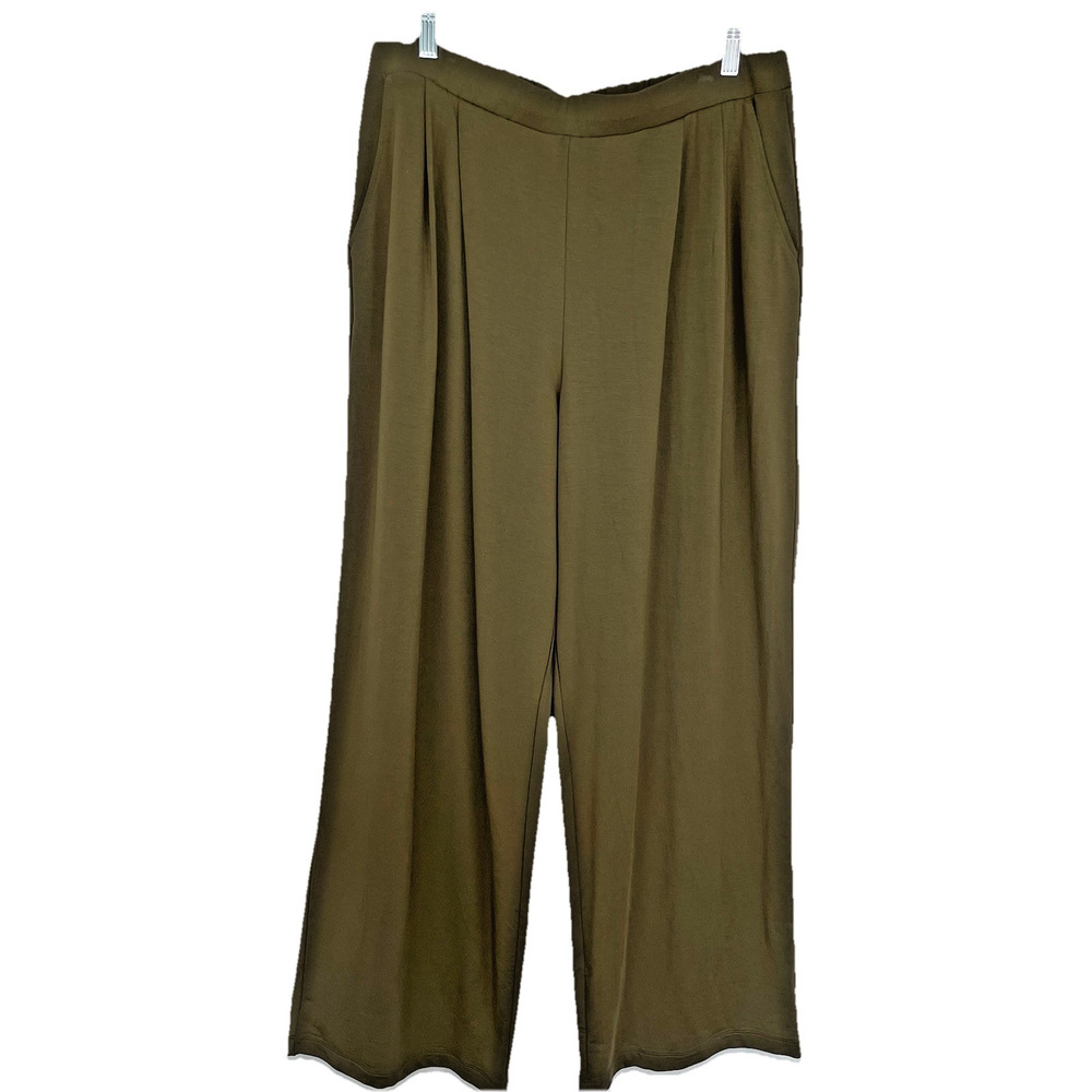 Garnet Hill Wide Leg Pull On Pants Size L Dark Olive Pleated Trouser Career Work